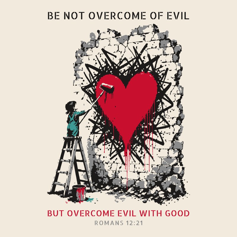 Be Not Overcome of Evil: a child on a ladder painting a red heart over a dark wall, Romans 12:21