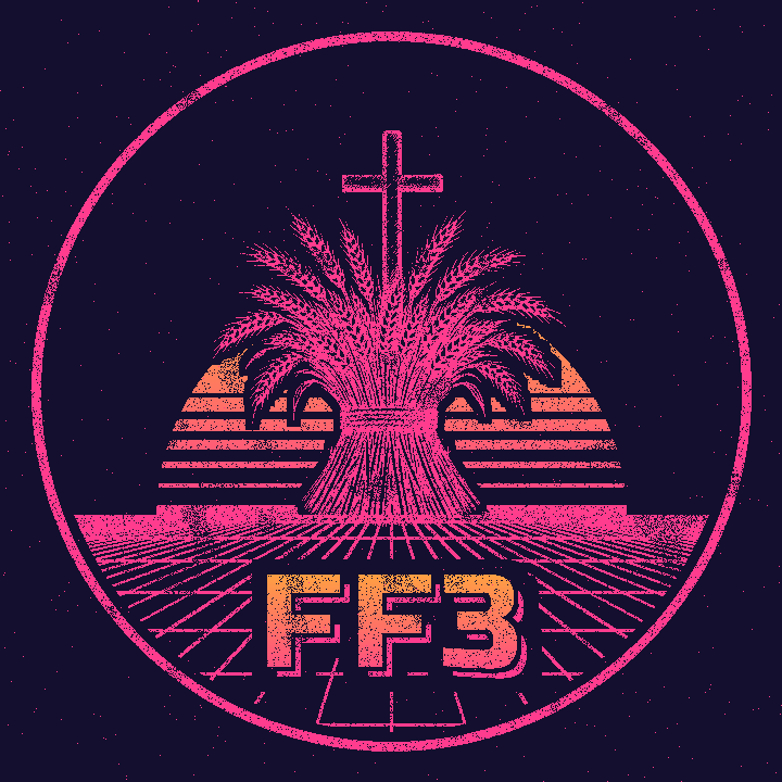 First Fruits FF3 logo: a wheat sheaf with a cross in front of a retro sunset